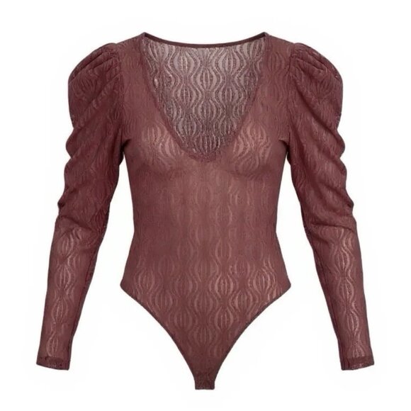 Haute Monde Bodysuit Blouse Size Large Sheer Lace Plunge Neck Leg O' Mutton Puff - Picture 1 of 10